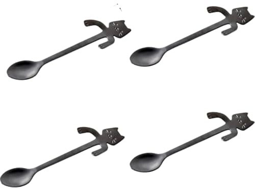 AUNANGLJSCS Teelöffel Dessertlöffel 4-teiliges Set mit Mini-Katzen-/Kätzchen-Design aus Edelstahl for Kaffee/Tee/Dessert/Getränke/Mix-/Milchshake-Löffel, Besteck, Gadgets, 4-teilig, schwarz