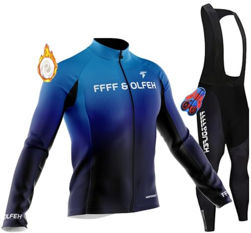 Herren Fahrradbekleidung Set Herren Radsportanzüge mit Thermofleecefutter Langarmtrikot Winter Radtrikot Set mit 9D Polster Hosen für MTB Rennrad (7,XL)