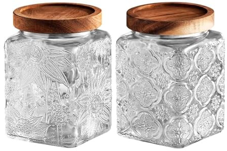 YOUSIS Tarros de almacenamiento de vidrio con tapa de madera, juego de 2 tarros herméticos para alimentos, azucareros para granos de café, té suelto, azúcar (girasol de begonia transparente, cuadrado,