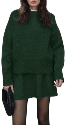 CHARTOU Women Sweater Skirt Sets 2 Pieces Outfits Loose Fit Pullover Sweater Knitted Mini Skirt, Green, S
