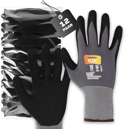 Covent Flex Guantes de trabajo para hombre, talla 10, juego de 12 unidades, guantes de montaje, categoría II, EN388, guantes de construcción para constructores, mecánicos y montadores