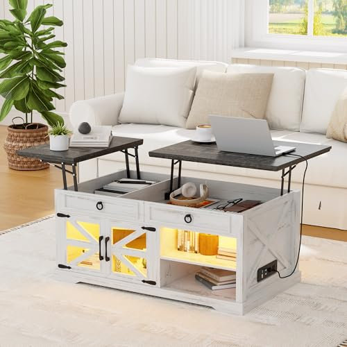 Lvifur Couchtisch Höhenverstellbar, LED Wohnzimmertisch mit Steckdose, Intelligenter Verstellbarer Heller Kaffeetisch mit Stauraum USB für Wohnzimmer Schlafzimmer 120 x 50 x 55 cm