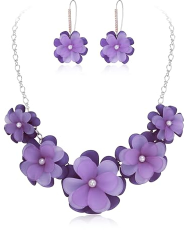 EVER FAITH Hell blaue Blume Statement Halskette Boho Sommer Urlaub Strand Schmuck Floral Kragen Halsketten mit Ohrringen für Damen