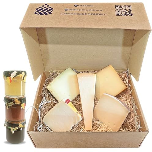 Amaisso® Caja de Quesos Regalo Gourmet | Regalo Personalizado | 5 Cuñas Queso Curado y 3 Mermeladas Artesanas | Queso Parmesano, Payoyo, Idiazabal, Andaluz y con miel y oregano | Pack Más Buscados