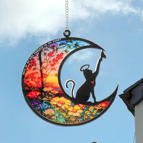 YUXIANLB Personalized Cat Memorial Gifts for Loss of Cats Custom Sympathy Suncatcher with Name Date Pet Remembrance Gift for Cat Lovers Moon Hanging Ornament for Window Christmas Decor Pet Keepsake