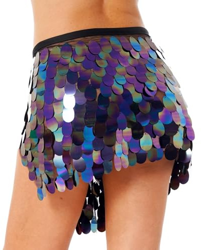 Glitzer Sexy Rock Pailletten Hüftrock Quastenrock Hüftschal Bauchtanz Kostüm Tanzkleid Hüfttuch für Damen Mädchen Tanzparty Club Rave Outfit