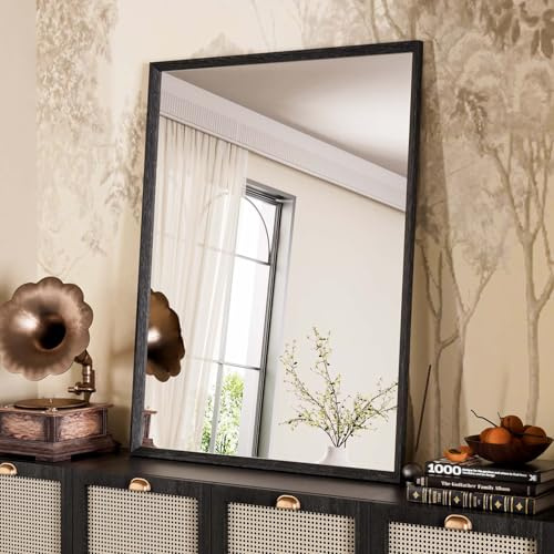 WEER Black Bathroom Mirror, 70x90cm Faux Wood Frame Rectangular Wall Mirror | 3.2mm HD Tempered Glass, Waterproof Polymer Wooden Trim Frame, Horizontal/Vertical for Bath, Bedroom, Hallway, Vanity Upgrade