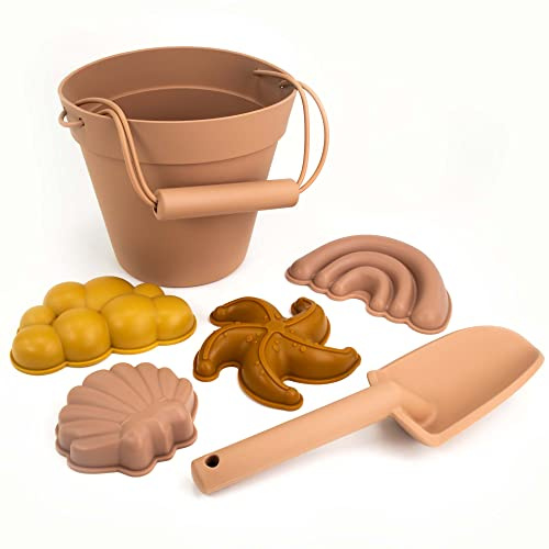 Olgs Silikon Sandspielzeug 6-teilig - Rosa Regenbogen-Design, Eimer, Schaufel, Meerestier-Förmchen für Mädchen - Strand & Sandkasten