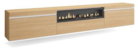 Skraut Home | TV-Schrank, Lowboard | für Wohnzimmer und Esszimmer | 260x45x35cm | Für großformatiges TV | Elektrokamin. | Hängend | Moderner Stil | Eiche Soft und weiß