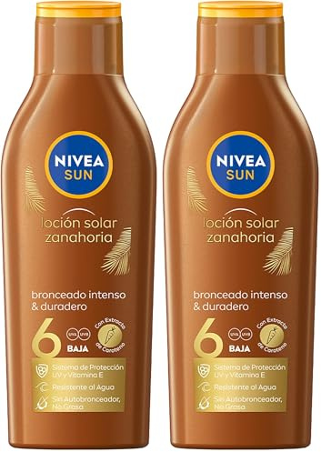 NIVEA SUN Leche Solar Zanahoria FP6 (1 x 200 ml), protección solar para un bronceado bonito y duradero, protector solar hidratante resistente al agua, crema bronceadora (Paquete de 2)
