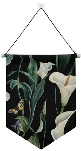 Bannière en tissu à suspendre Art Calla fleur de lys vert et blanc avec tige télescopique - Décoration de fête pour l'intérieur et l'extérieur