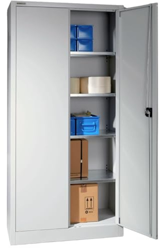 Aktenschrank abschließbar, Werkzeugschrank Stahl, Werkstattschrank, Schrank mit Schloss, Materialschrank lichtgrau, 95x40x194 cm, Stahlschrank groß