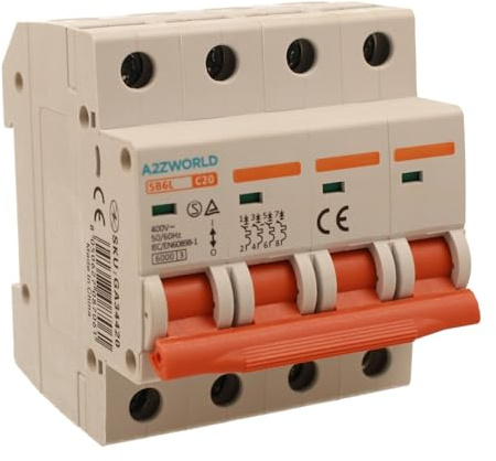 Disjoncteur magnétothermique triphasé 4P 20A C20, courbe C 6kA, 4 modules DIN 380V AC, certifié IEC60898-1, série SB6L