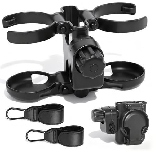 3 in 1 Faltbarer Flaschenhalter Getränkehalter aus ABS Universal Becherhalter mit 2 Positionen und Handyständer 360° Drehbar Werkzeuglos Montiert für Rollator Rollstuhl Usw mit 2 Haken/Schwarz