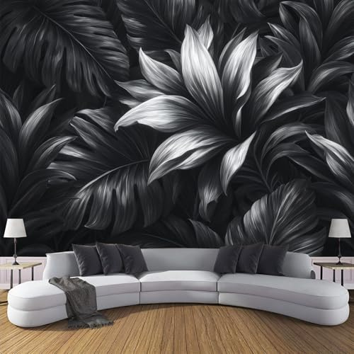 Papel Pintado Pared Panorámico Hoja De Palma Hoja De Plátano 250x175cm, Planta Tropical Murales Decoración De Pared, Fotomurales Seda Para Salón Dormitorio, Negro
