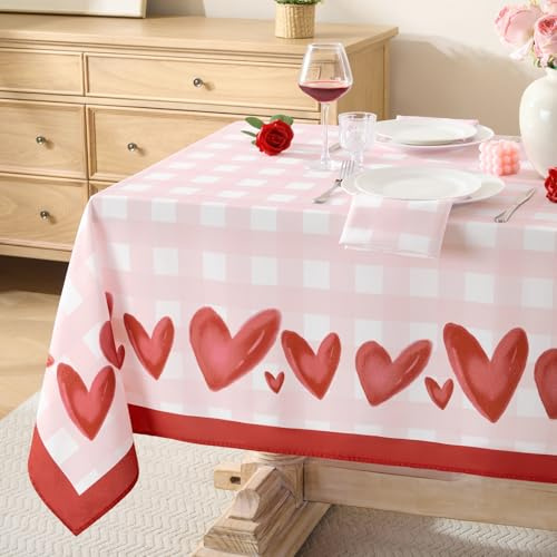 Softalker Valentines Table Cloth Pink Gingham Valentine Tablecloth Rectangular 140x200 cm Love Heart Tablecloths Wipe Clean Water Resistant Table Cover for Girl Birthday Galentines Party Date Banquet
