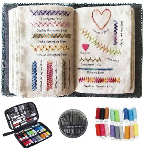 Aukojoy Stickerei-Nähbuch & Nähset mit Nähwerkzeugen & Tutorials, Handstickerei-Muster mit Blumenmotiven für Bastelliebhaber und Anfänger