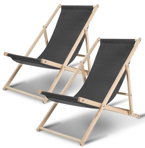 Jaxguom 2er Set Liegestuhl klappbar Holz, Strandstuhl bis 150 kg, Sonnenliege, Strapazierfähiger Klapp-, Holzliegestuhl & RelaxLiege für Garten, Strand, Camping (dunkelgrau)