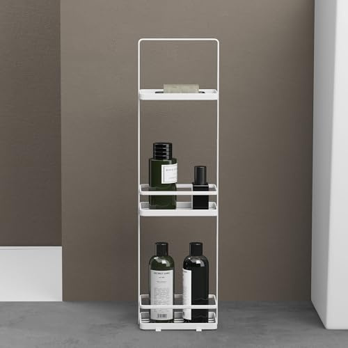 doporro Étagère Rangement sur Pied à 3 Niveaux Organisateur de Toilettes | Blanc, Serviteur de Douche, Acier au Carbone, 18x12,5x67,3cm, Salle de Bain, Reglo-02
