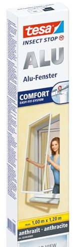 tesa Insect Stop ALU Comfort Fliegengitter für Fenster - Insektenschutz mit Rahmen aus Aluminium - Fliegen Netz ohne Bohren - Anthrazit, 100 cm x 120 cm