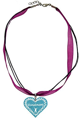 Trachtenschmuck Trachtenkette Organzaband brombeer mit Filz Herz Damen Dirndlkette Organzakette Oktoberfest Wunschaufdruck (Herz - türkis)