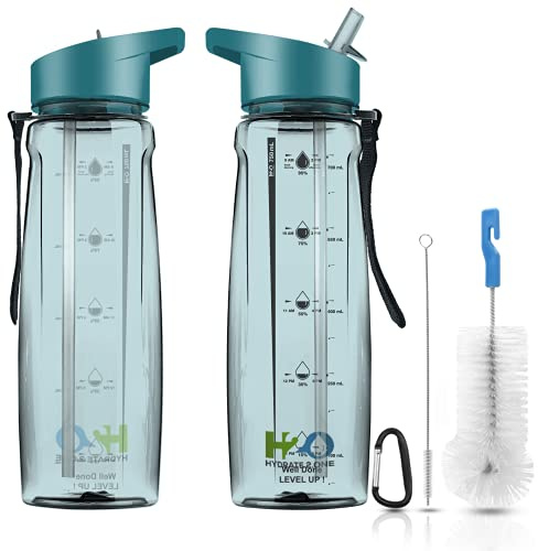 Water Bottle with Straw - Leakproof Adult Plastic Bottle - Motivational Time Markings To Drink - BPA Free Sports Drinks Bottle for Gym, Men Women Kids - Reusable Drinking Bottle 750ml (Teal)