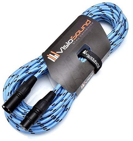 Premium Male - Female XLR Microphone Lead Braided Cable (Blue/Black, 10m) | Professional Tour-Grade Noiseless OFC Balanced Microphone, Signal, Audio Cable / Tweed Braided Designs / 3 Colours