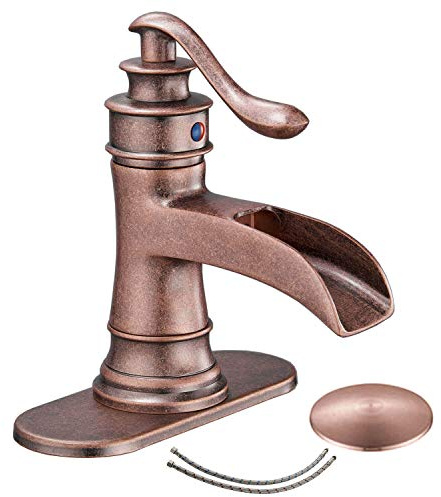 Homevacious Bathroom Faucet Copper Waterfall Bathroom Sink Faucets with Single Handle Rustic Vanity Farmhouse RV Faucet Suitable for 1 or 3 Holes with Pop-up Drain Deck Plate Hose