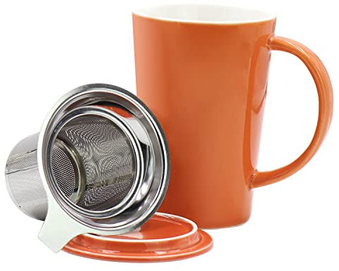 Tasse à thé en porcelaine avec infuseur et couvercle, en céramique menthe avec panier infuseur et couvercle pour machine à thé en vrac - 35,6 ml 14OZ Orange carrotte