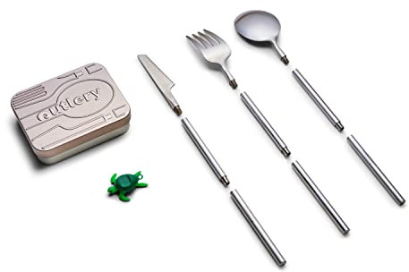 Outlery | Juego de Cubiertos de Camping de Acero Inoxidable - Portátiles y Reutilizables (Plateado) - Incluye Estuche de Viaje para Fácil Transporte