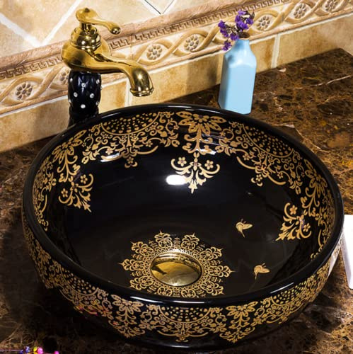 Vintage Kasbah Bunte Blumen Muster Vintage Badezimmer Garderobe Runde Weiße Keramik Aufsatzwaschbecken Waschschüssel Handwerk Handgemachte 400mm Marokkanische Handbemalte Große Waschbecken