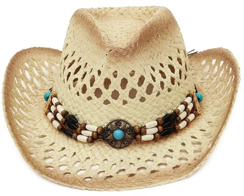 GEMVIE Unisex Straw Cowboy Hat Wide Brim Beach Fedora Straw Hat Western Cowboy Sun Hat with Beads Band Beige