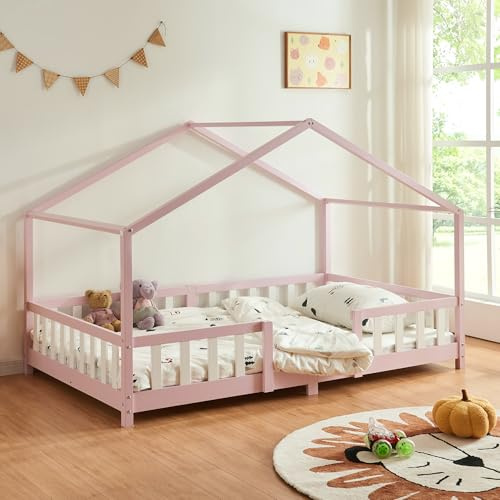 [en.casa] Kinderbett Treviolo 90x200 cm Rosa/Weiß | Hausbett, Montessori, Holzbett für Kinder, Bettgestell mit Lattenrost, Kiefernholz