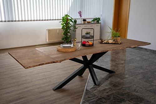 SAM Baumkantentisch 200 (300) x 100 cm Jannik, Akazienholz massiv & stonefarben, Esstisch inkl. 2 Ansteckplatten 50 x 100 cm, echte Baumkante, Spider-Metallgestell in Schwarz