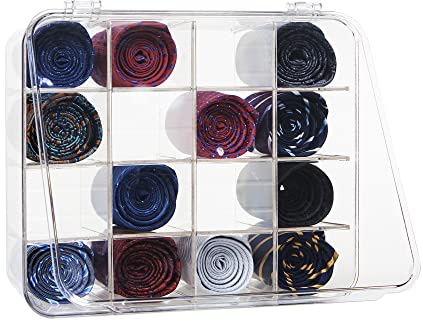 HUHYNN Tie Rack Organizer, Clear Tie Organizer Box, Acrylic Tie Display Rack for 16 Ties Storage, Tie Box Organizer for Men Tie Holder (Transparent)