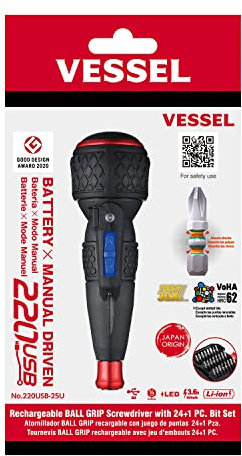 VESSEL Ball Grip Rechargable Screwdriver with 25PC. Bit Set