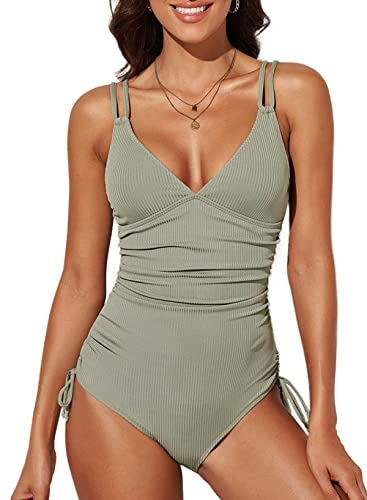 Dokotoo Damen Badeanzug Grün V-Ausschnitt Rückenfrei Bauchweg Schwimmanzug Gerippte Einteilige Bademode Swimsuit Klein
