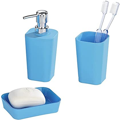 3 TLG. Bad-Set Rainbow in blau mit Soft-Touch Oberfläche, Badezimmer Accessoires-Set mit Seifenschale, Seifenspender und Zahnputz-Becher