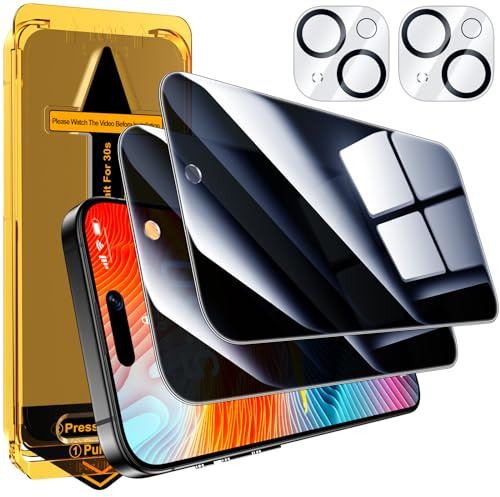 Esanik Sichtschutz für iPhone 15 (2+2 Stück), 2x Sichtschutzfolie + 2x Kameraschutz, 9H Anti-Spy Privacy Panzer Schutz Glas Folie, 6,1 Zoll