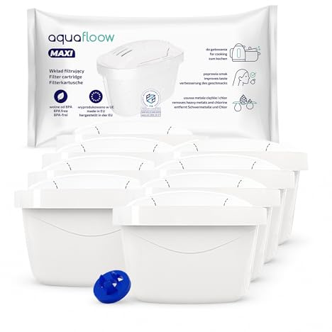 Aquafloow Vattenfilterpatroner 8 Stycken för Vattenkannor | Filterpatroner Kompatibla med Brita Maxtra+, Style, Marella, Elemaris, XL, Fun Filterkannor | Reducering av Kalkavlagringar och Klor