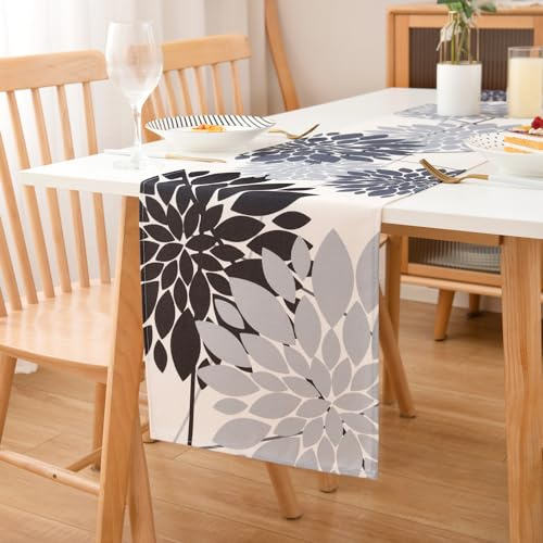 LRartdeco Runner Tavola Moderni 33x183cm Centro Tavola Floreali Runner Da Tavolo Elegante 1 Pezzo Runner Nero e Grigio Lino per Cucina Sala da Pranzo Soggiorno Tavolo Decorazione