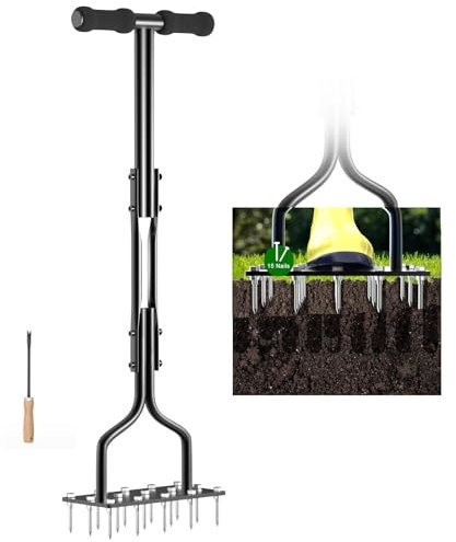 Rasenbelüfter Werkzeug, Manueller Rasenbelüfter Spike mit 15 Zinken Spikes, Manuelles Entstopfen, Bodenbelüften Rasen für Hof-Rasenpflege und Rasenlockern Böden