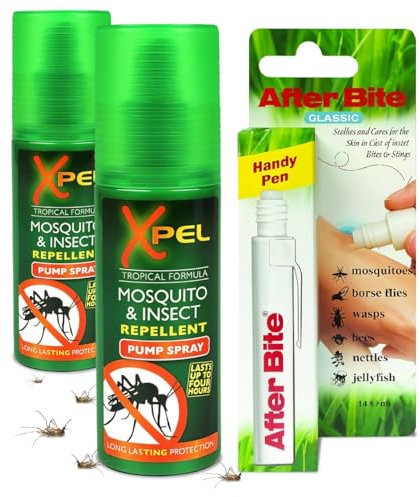 Mosquito & Insect Repellent Spray (2 Pack) + After Bite Pen – Tropical Formula for Bite & Sting Relief – Fast-Acting, Anti-Itch, Soothing, Cooling – Travel Size 3-Pack Bundle