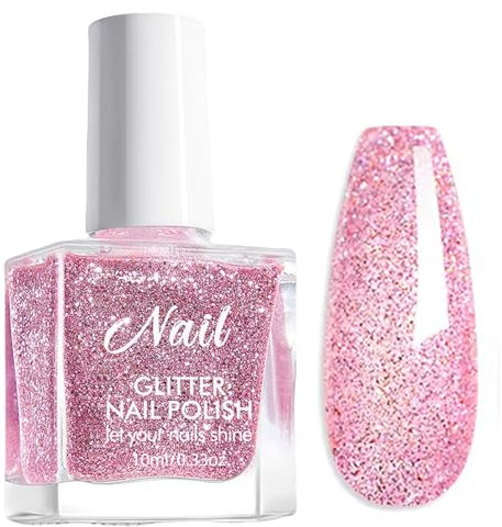 Pink Glitter Nail Polish, Peach Nail Varnish, Long-lasting Quick Dry Flash Nail Varnish, Nail Polish Gel Low Odor Without UV Lamp Non-Toxic For Women Home DIY Nail Art Gift (Peach Pink, 10ML)
