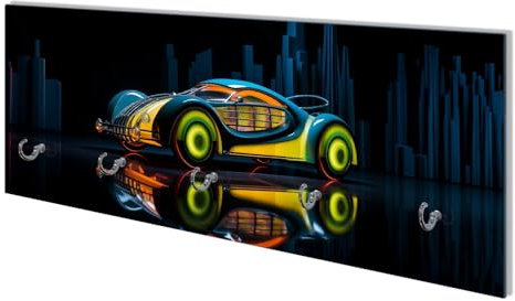 Wallario Wandgarderobe aus Glas in Größe 80 x 30 cm mit Memoboard-Funktion, Motiv: Retrowave-Renner | 5 Kleiderhaken zum Aufhängen von Jacken