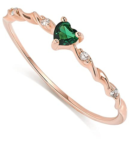 Anillos Chapados en Oro con Esmeralda, Piedra de Nacimiento para Mujer Anillo Apilable en Forma de Corazón de Plata de Ley 925 Hecho a Mano Amistad Piedra de Nacimiento de Mayo, Oro Rosa Talla 14.5
