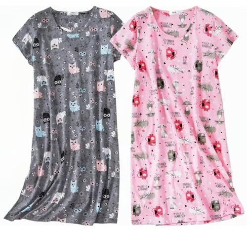 BERDITH 2 Pack Nighties for Women Nightdress Ladies Cotton Blend Nightie Girls Nightshirt Nightdresses Plus Size Night Dress UK 26-28 Grey cowl Gift Mum Mummy Mothers Day