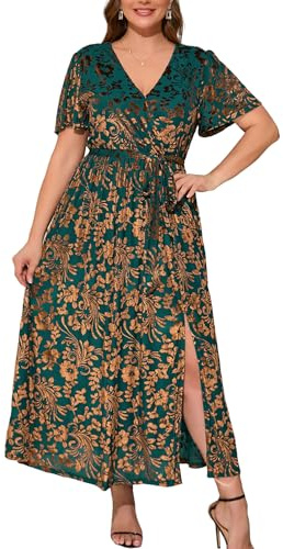 BerryGo Women's Floral Velvet Fall Prom Maxi Dress Semi Formal Wrap Dress for Wedding Guest Vestidos Mujer Elegantes Green 1XL