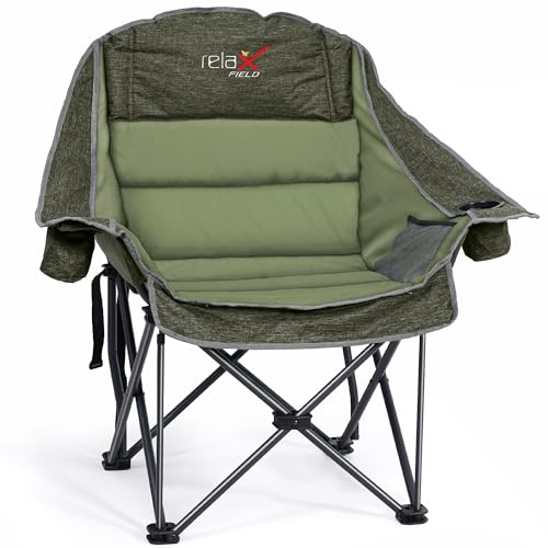 RELAX FIELD Übergroßer Campingstuhl Klappbar, Faltbarer Camping Sessel Gepolstert, Klappstuhl Camping, Anglerstuhl, bis 227 kg Belastbar, Grün