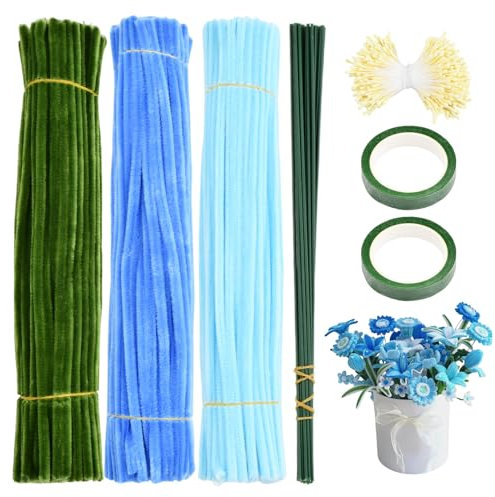 Amexo 300pcs Pipe Cleaners for Craft, Blue Tulip Pipe Cleaner Set, Flexible Tulip Bouquet Pipecleaners for Home Decoration with 400 Flower Stems, 20 Green Florist Wire, 2 Florist Tape